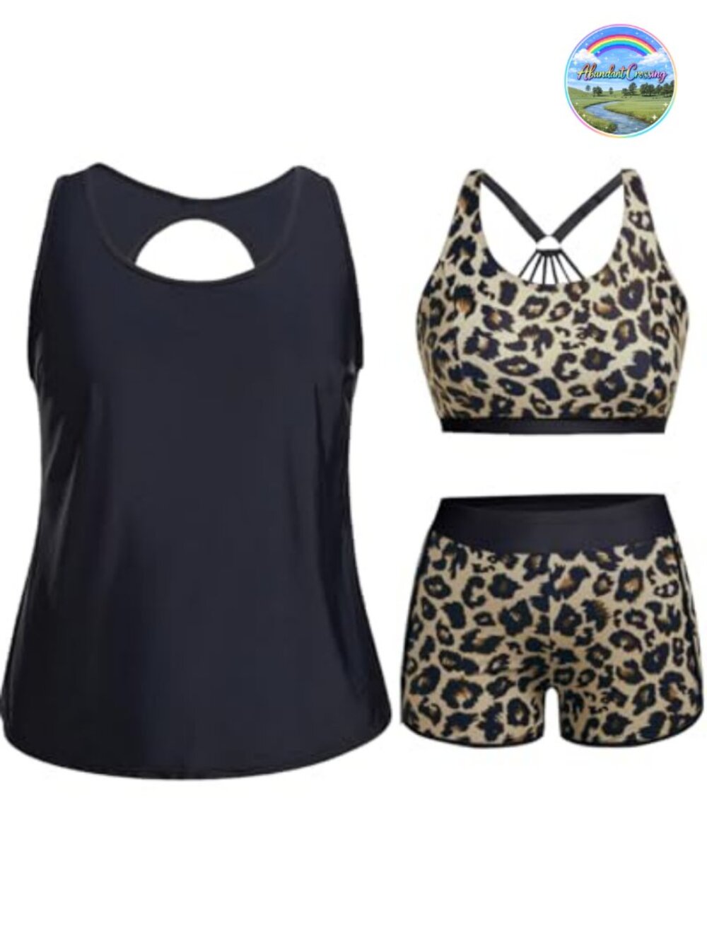 Plus Size Athletic 3 Piece Tankini Swimsuit with Boyshorts